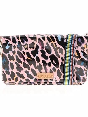Consuela Pink Leopard Crossbody Wallet with Multicolor Strap
